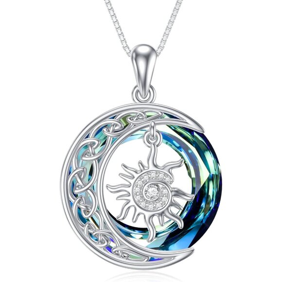 925 Sterling Silver Sun and Moon Crystal Necklace for Women Girls - Picture 1 of 7